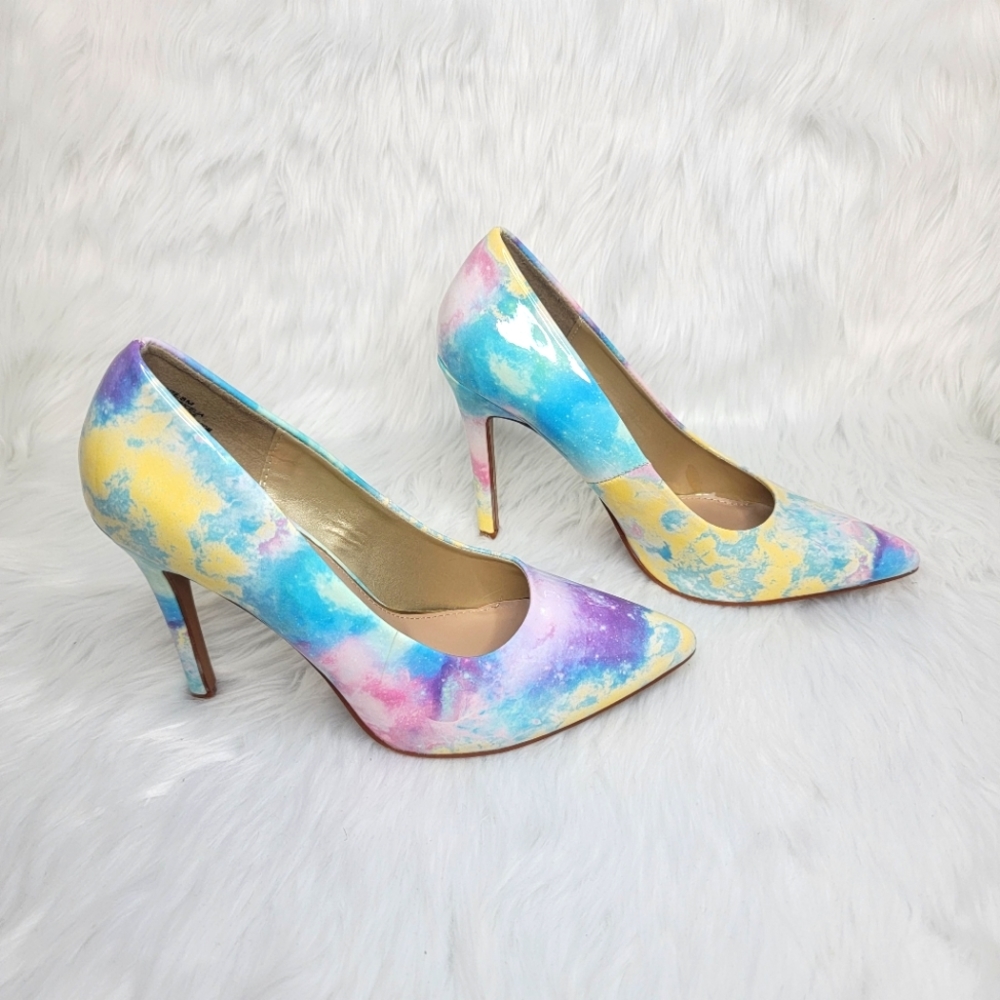 Multicolored patent leather pointed toe stiletto heels.